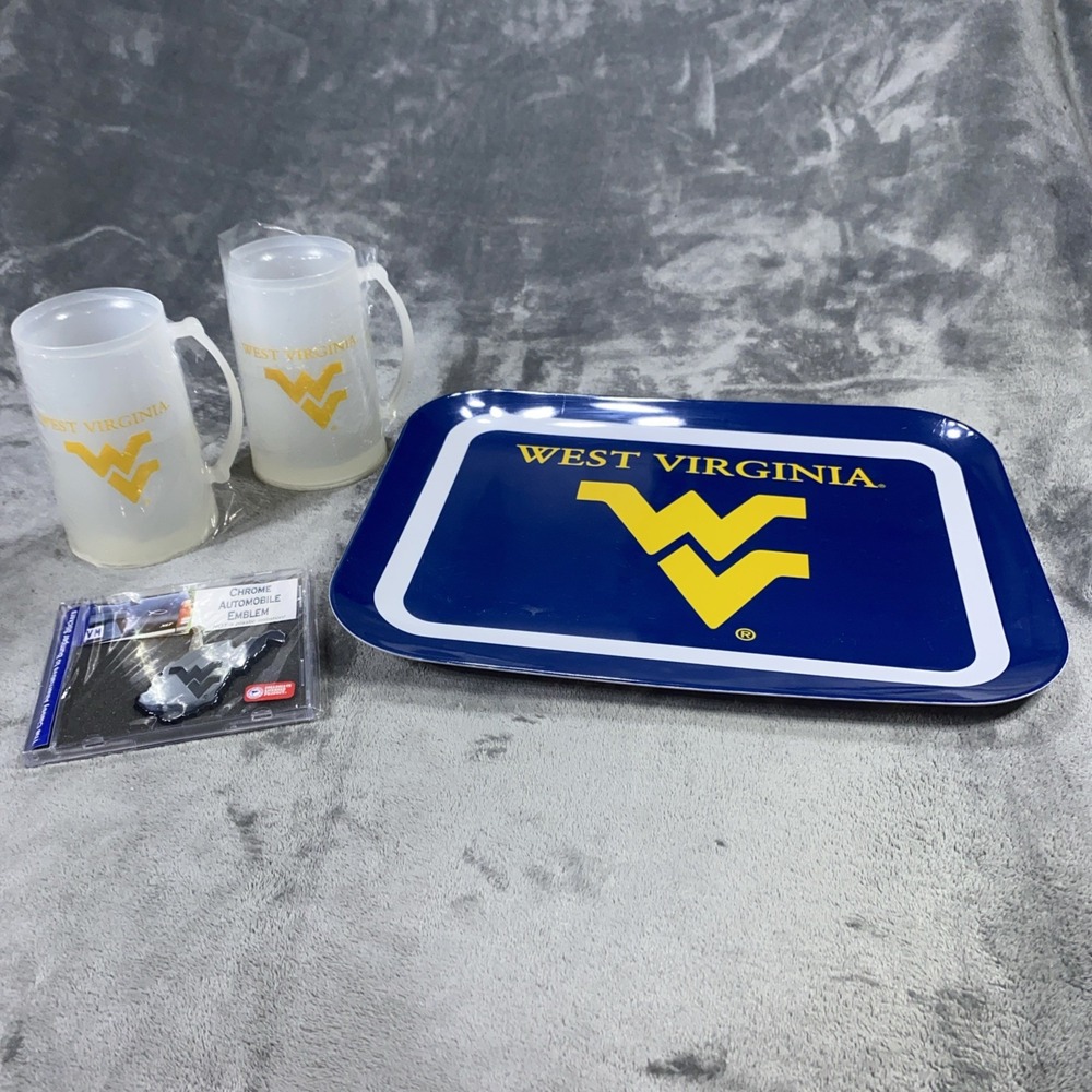 West Virginia Mountaineers Officially Liscensed Lot of 4 Chrome Emblem Cups Tray